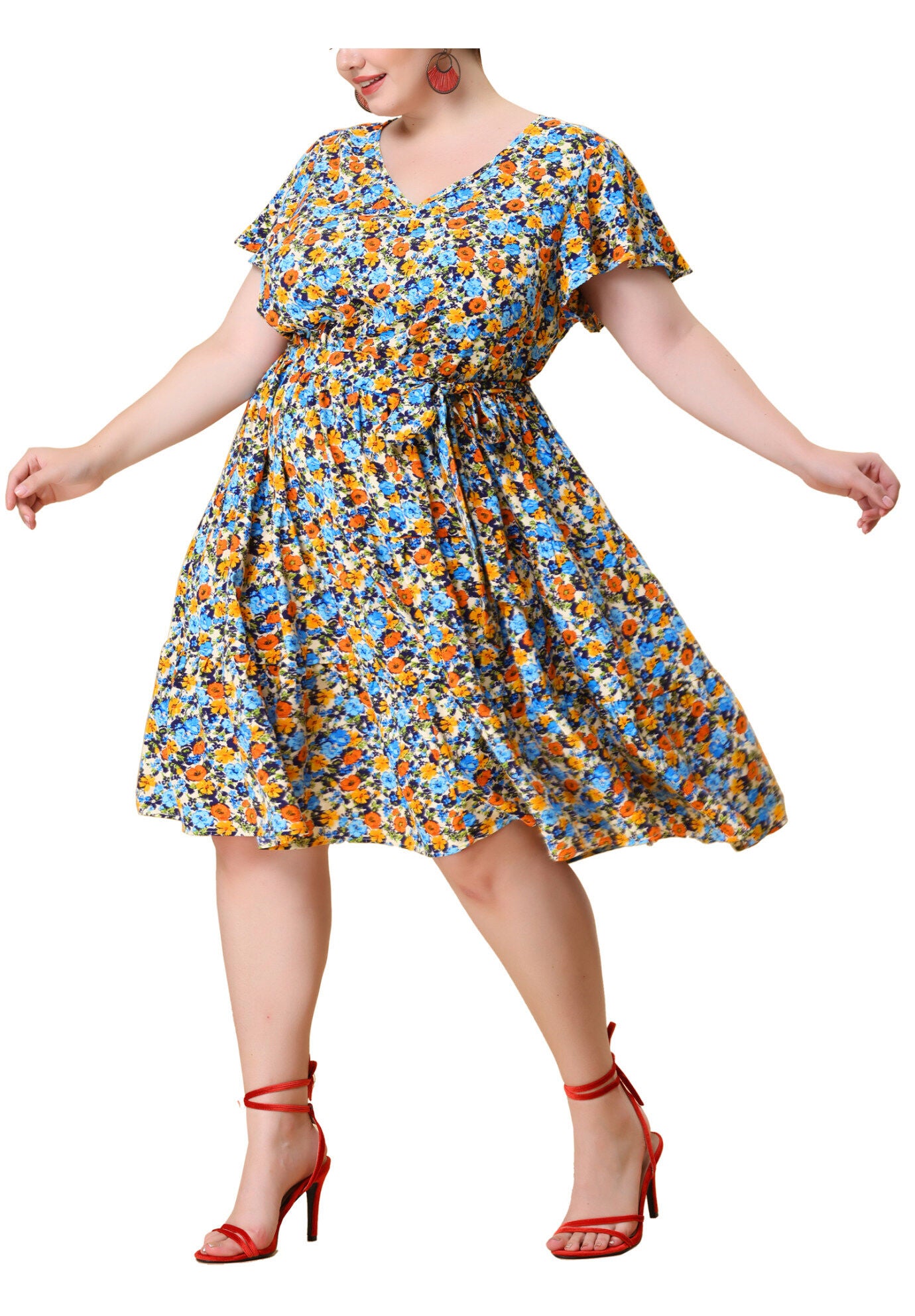 Floral Printed V Neck Summer Midi Flared Dress, Vintage Beige / Beige, alternate image number 2