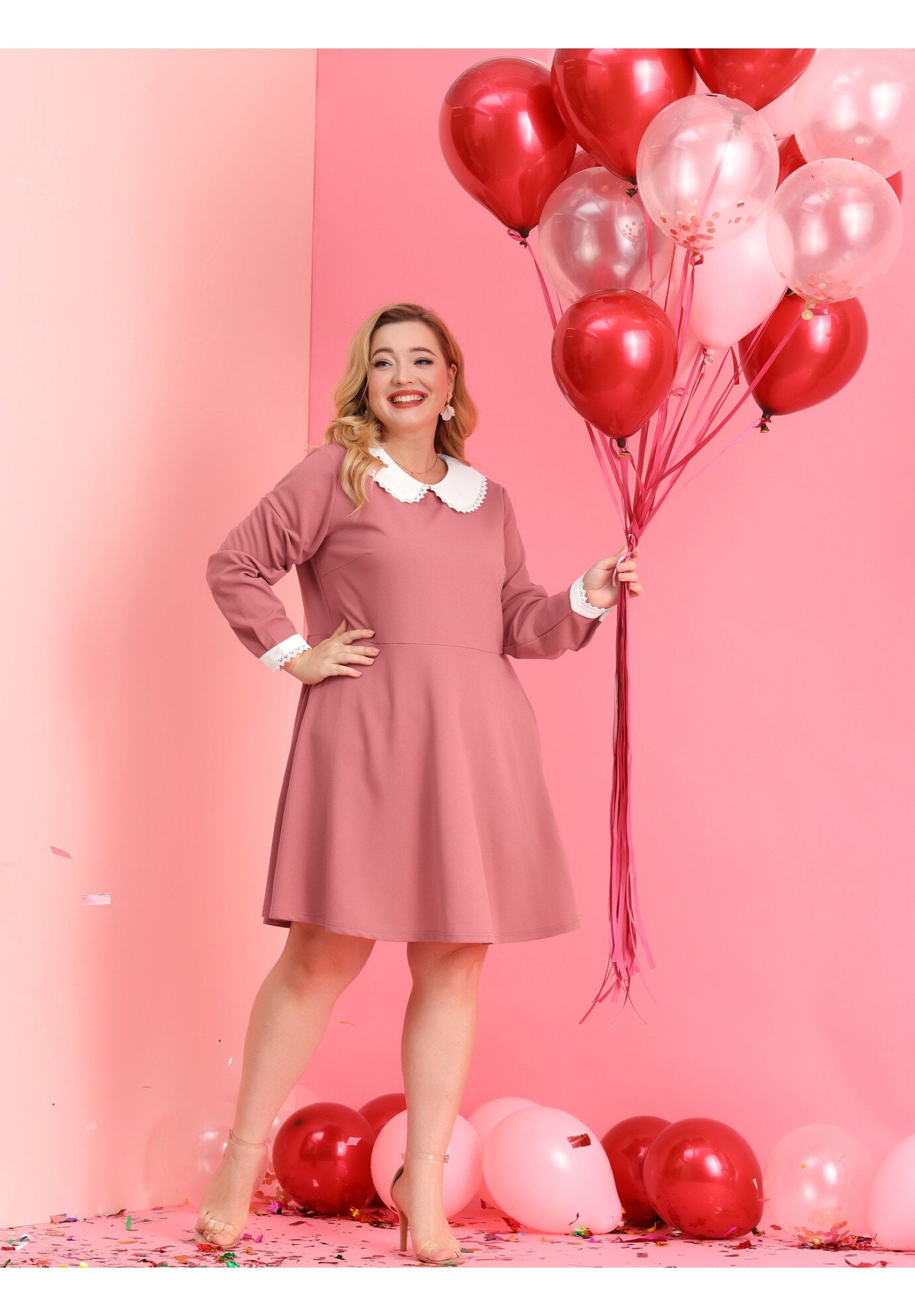 LONG SLEEVE DOLL PETER PAN COLLAR FLARE MIDI DRESS, Pink / Pink, hi-res image number 0