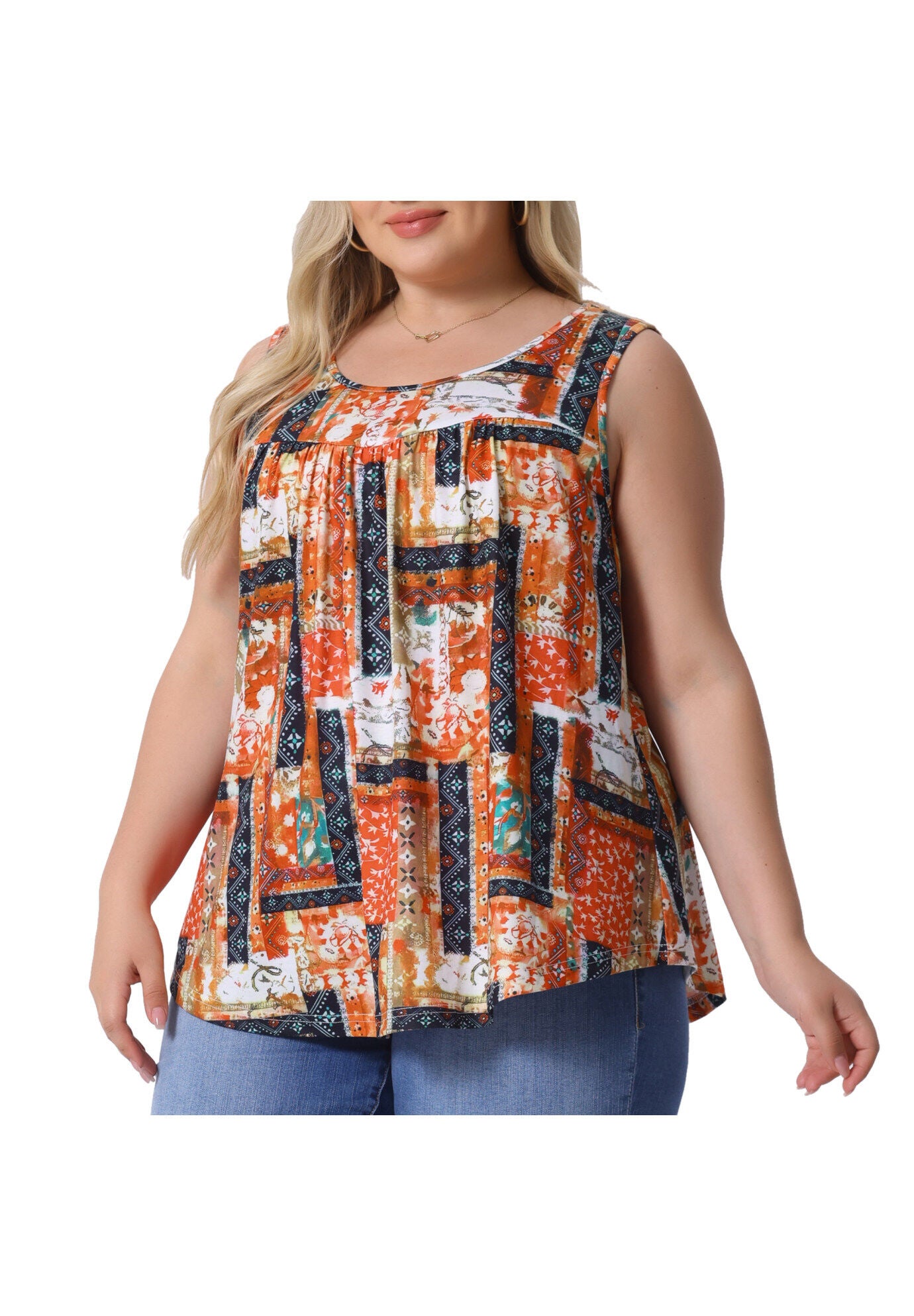 Round Neck Pleated Babydoll Boho Tank Tops, Orange / Orange, alternate image number 1