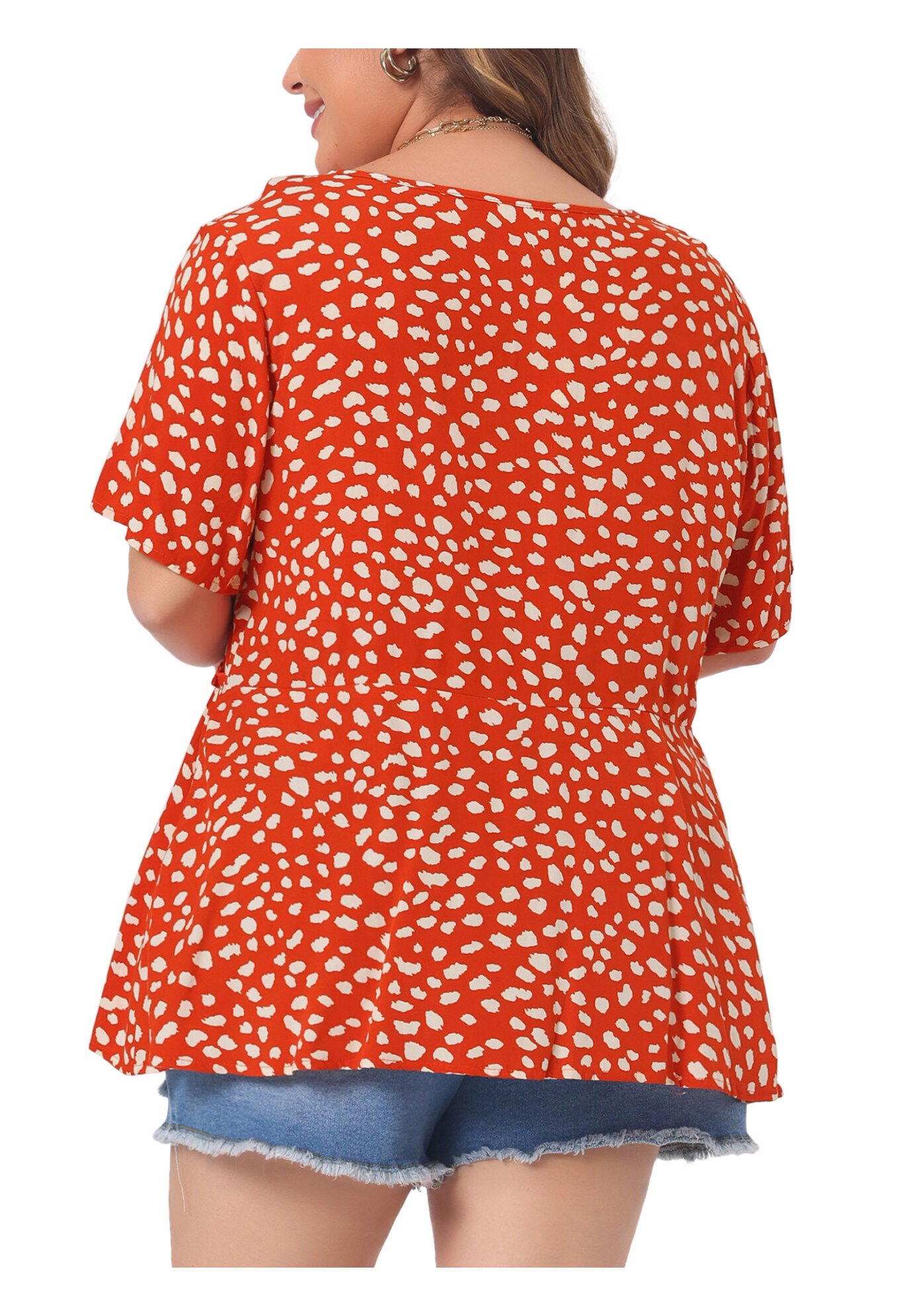 Polka Dots Crew Neck Short Sleeve Peplum Top, Orange / Orange, alternate image number 3