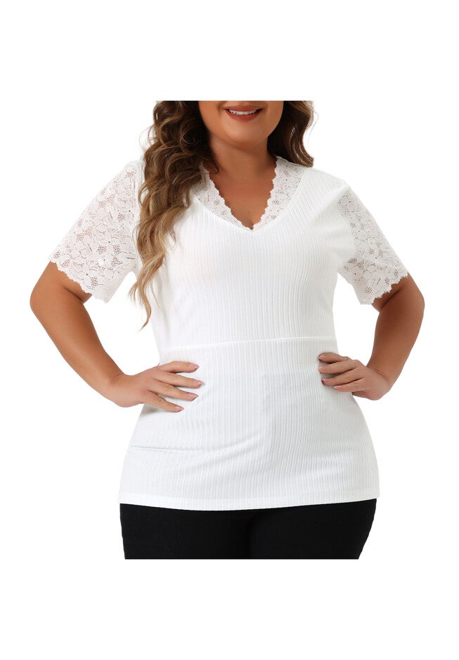 V Neck Short Sleeve Lace Ribbed Knit Tunic Top, White / White, alternate image number 1