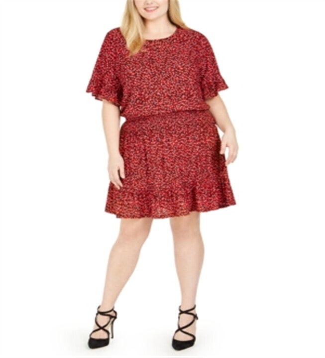 Michael Kors Women's Plus Size Printed Ruffle Trim Dress Red Size 1X, Red / Red, hi-res image number 0