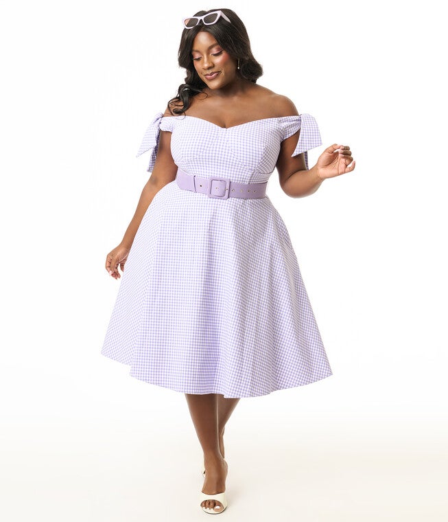 Unique Vintage Plus Size Lavender & White Gingham Off The Shoulder Swing Dress, Purple / Purple, hi-res image number 0
