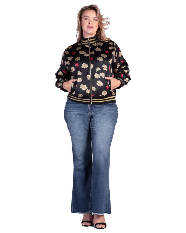 Women's Plus Size Cropped Floral Print Bomber Jacket, Blk Sparkler / Black, alternate image number 3