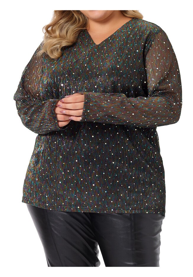 LONG SLEEVE GLITTER SPARKLE TOP, Black / Black, alternate image number 1