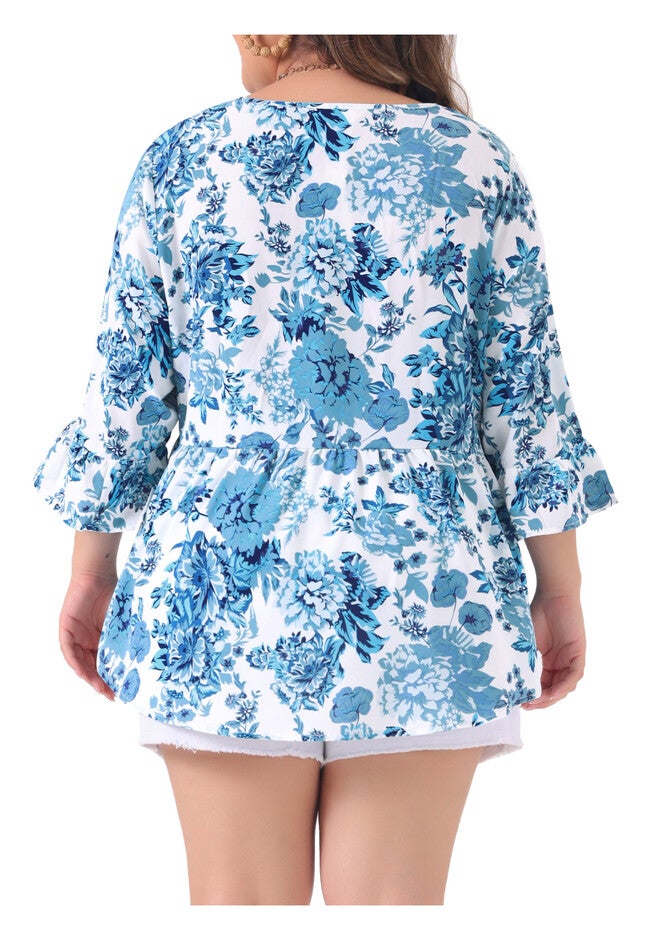 Floral V Neck Ruffle Sleeve Babydoll Peplum Blouse, Blue / Azure Blue, alternate image number 3