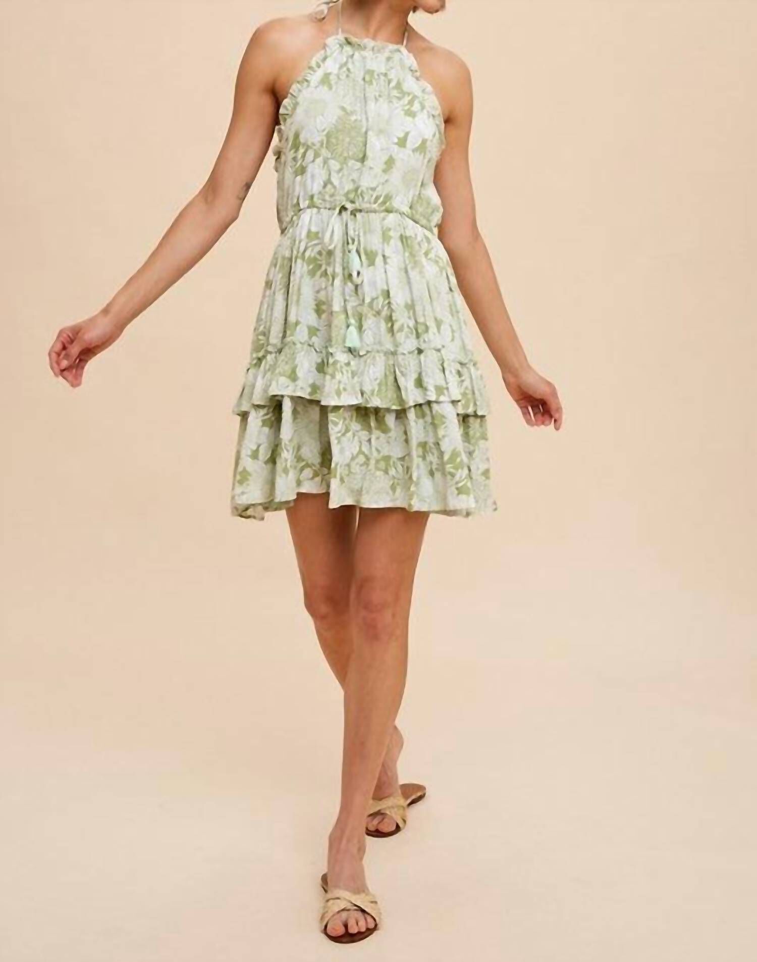 NATALIA TIERED FLORAL HALTER DRESS IN GREEN, Green / Light Green, hi-res image number 0