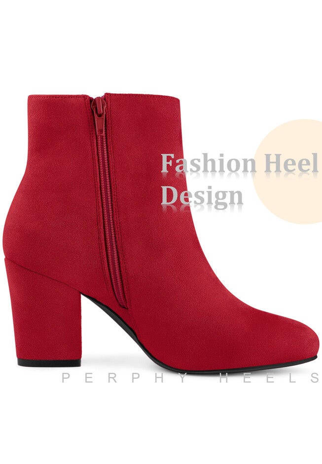 Round Toe Chunky High Heels Ankle Boots for Women, Red / Red, alternate image number null