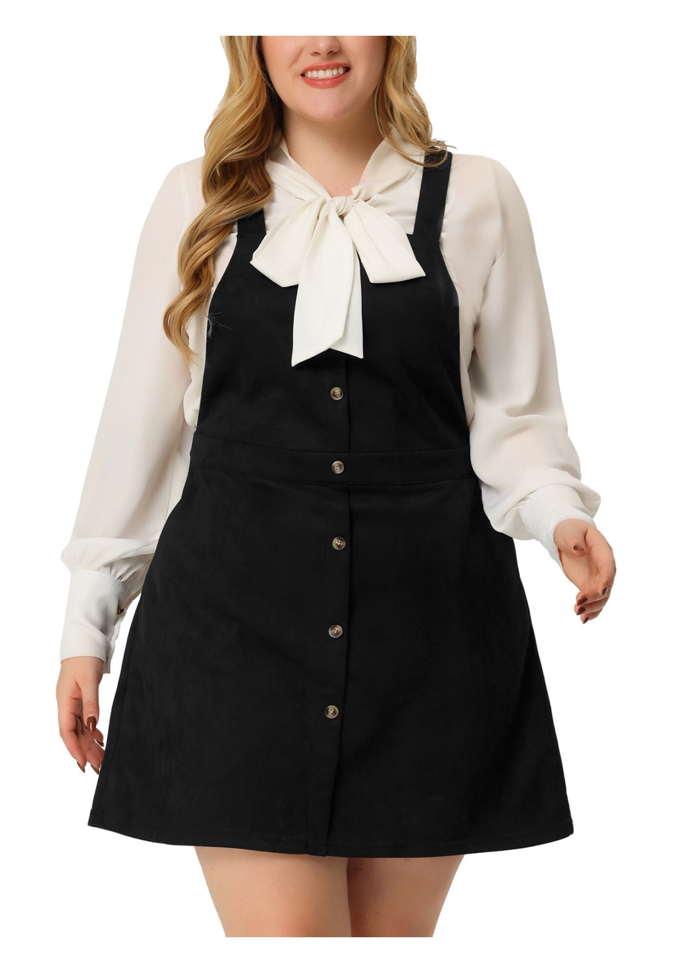 HIGH WAIST A-LINE SUEDE SUSPENDER SKIRT OVERALL DRESS, Black / Black, alternate image number 2