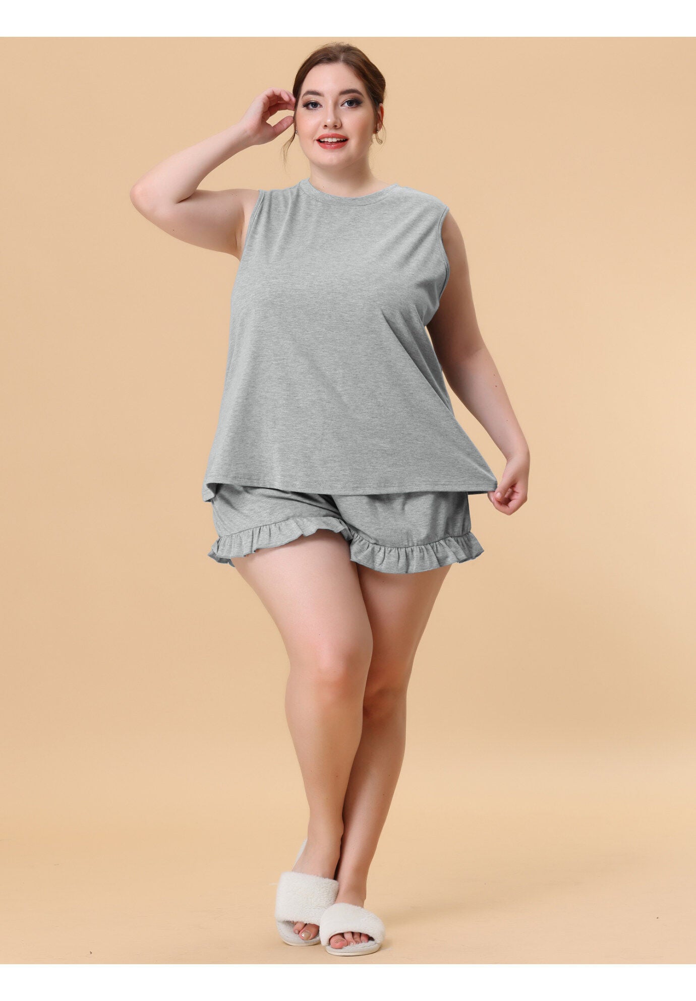 RUFFLE KNIT SLEEVELESS TANK TOP 2 PIECE PAJAMAS SET LOUNGEWEAR, Gray / Light Grey, alternate image number 4