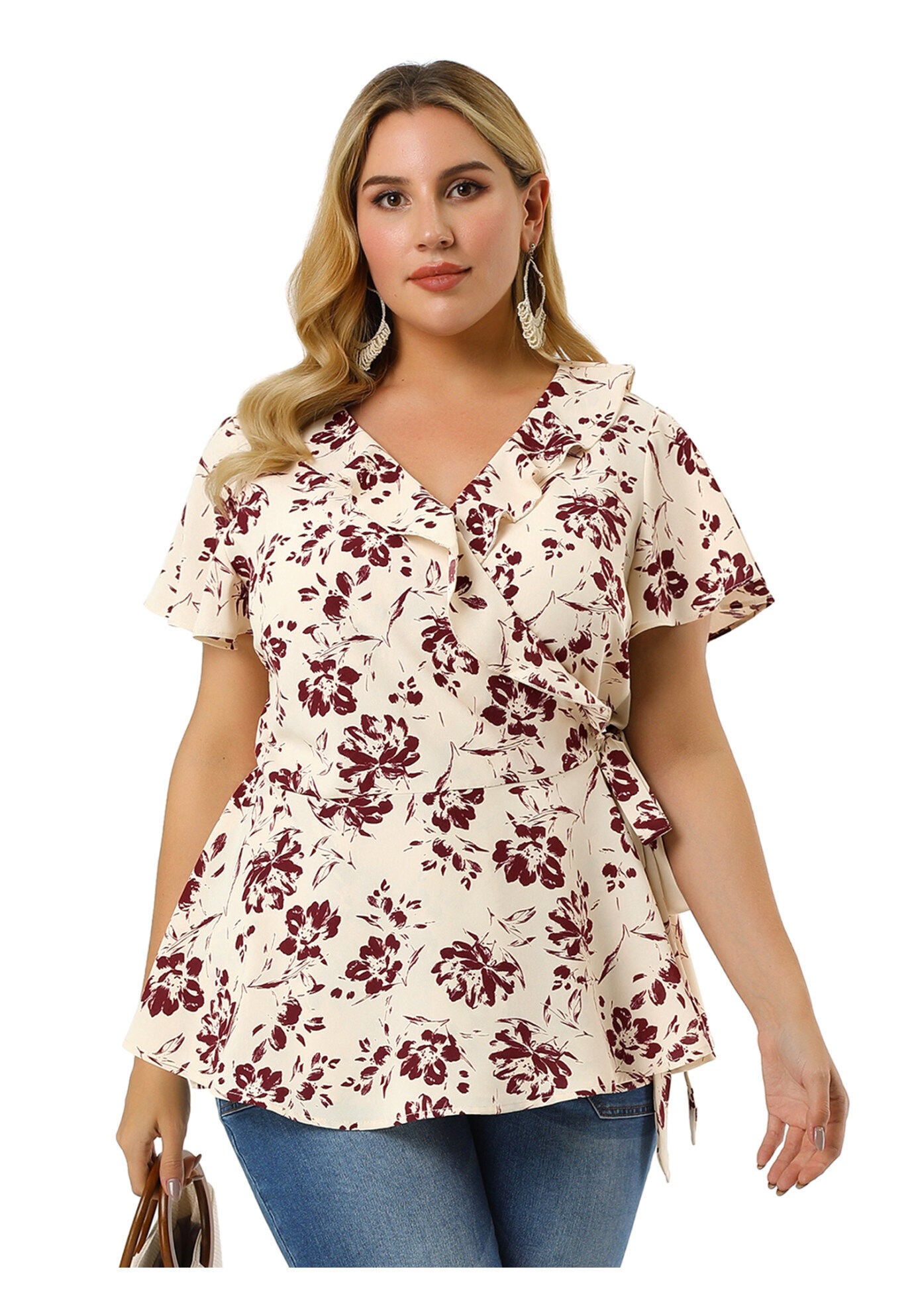 Wrap V Neck Tie Waist Ruffle Sleeve Blouse Summer Floral Top, Beige / Beige, alternate image number 3