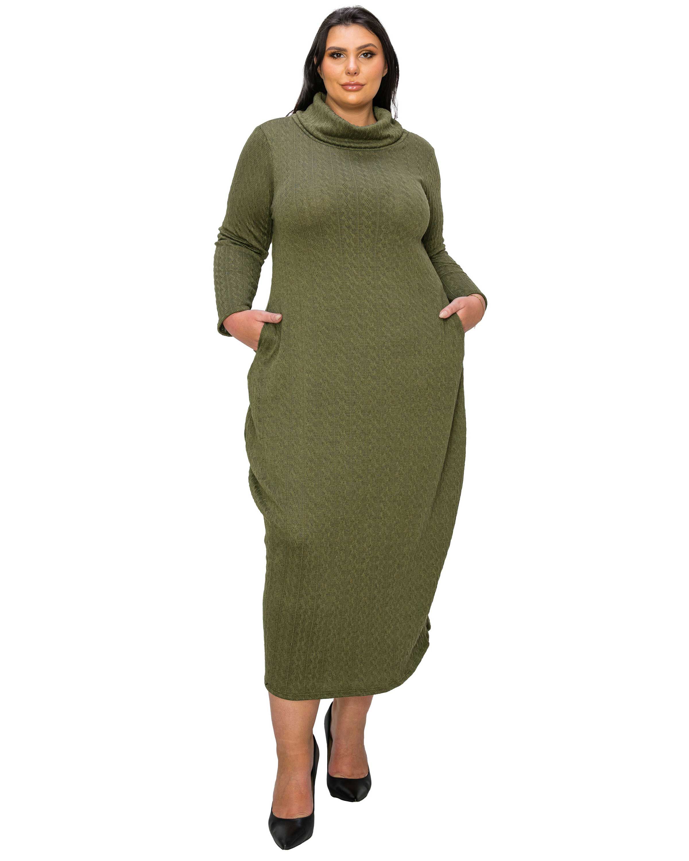 LANA COWL TURTLE NECK POCKET SWEATER DRESS, Olive / Olive Green, hi-res image number 0