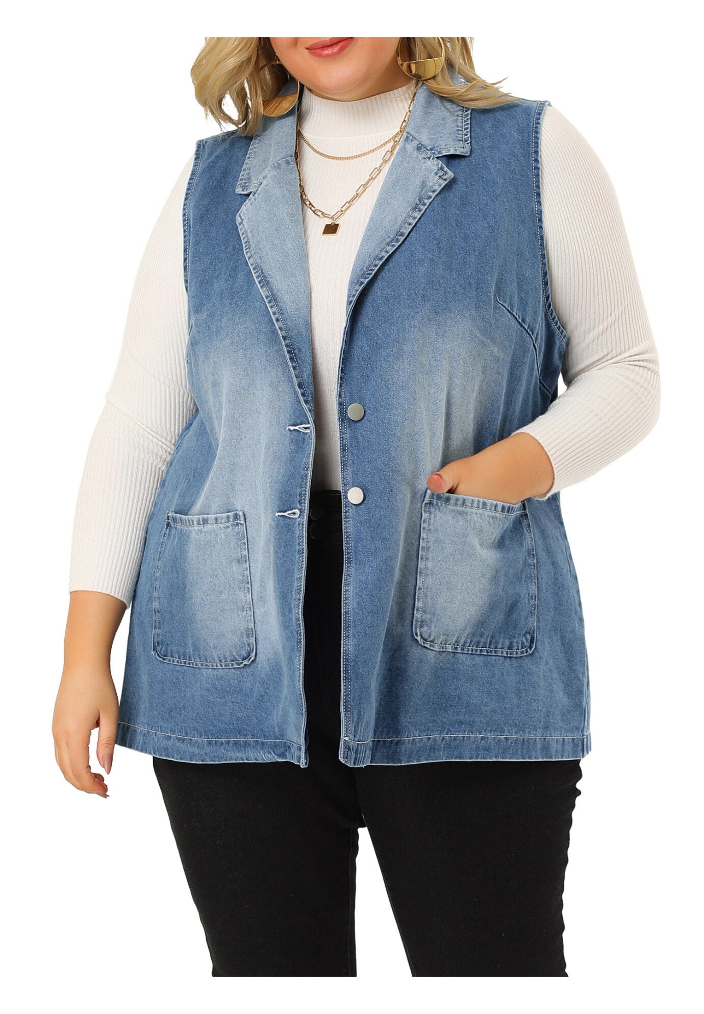 SLEEVELESS LAPEL LONG JEAN DENIM TUNIC VEST, Blue / Light Blue, alternate image number 2