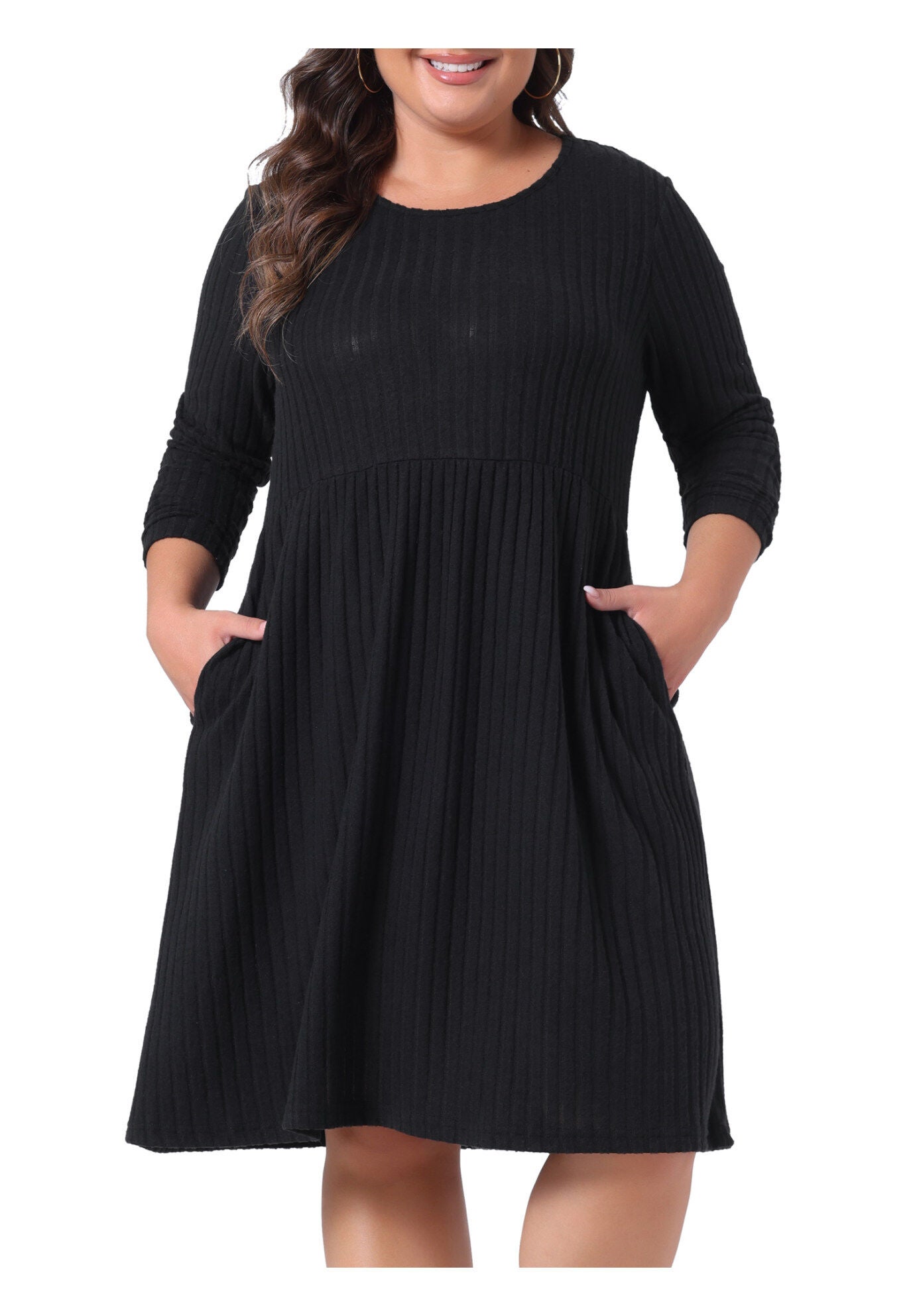 Round Neck Long Sleeve Elegant Ribbed Midi Knit Sweater Dress, Black / Black, alternate image number 2