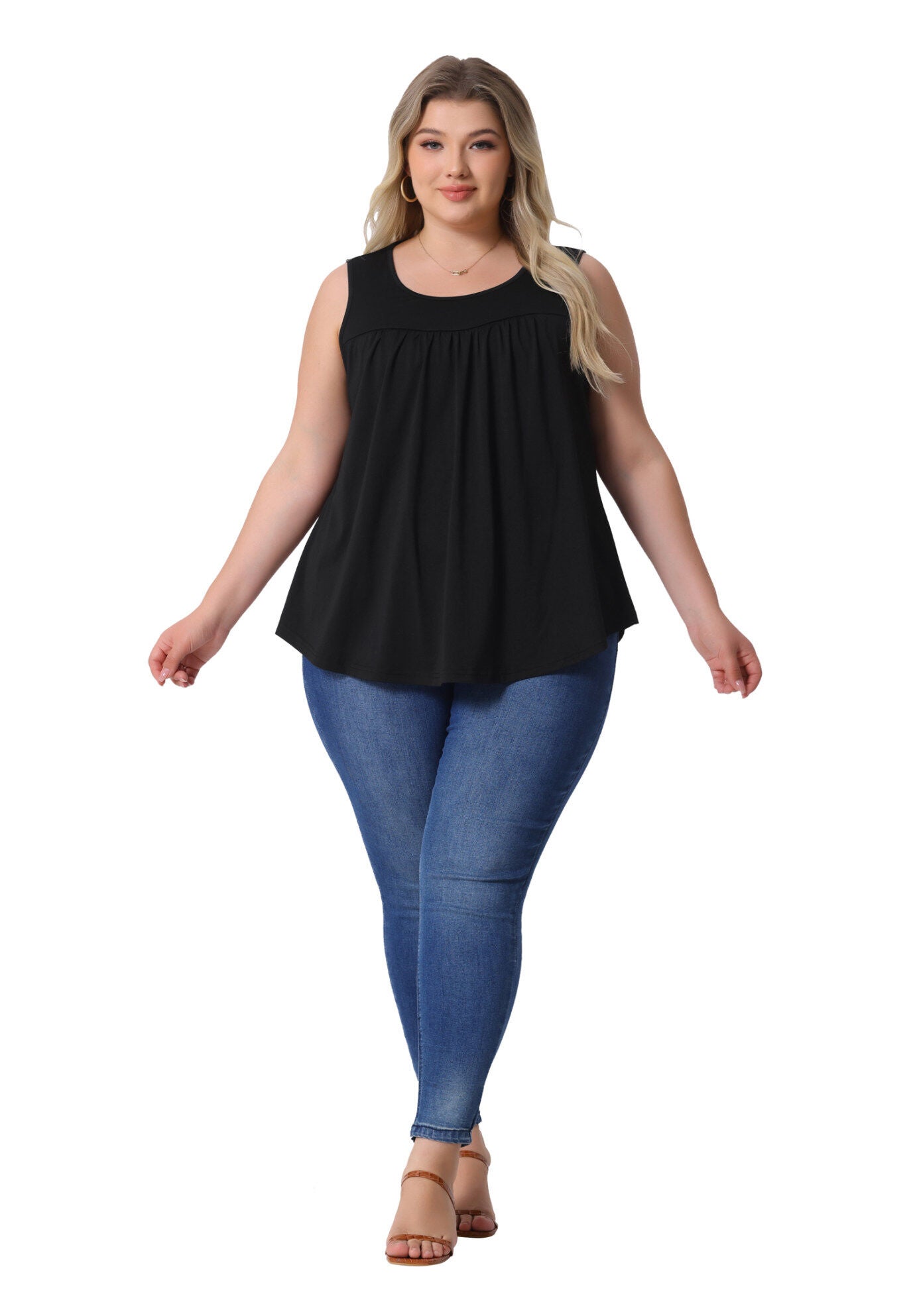 Round Neck Pleated Babydoll Boho Tank Tops, Black / Black, hi-res image number 0