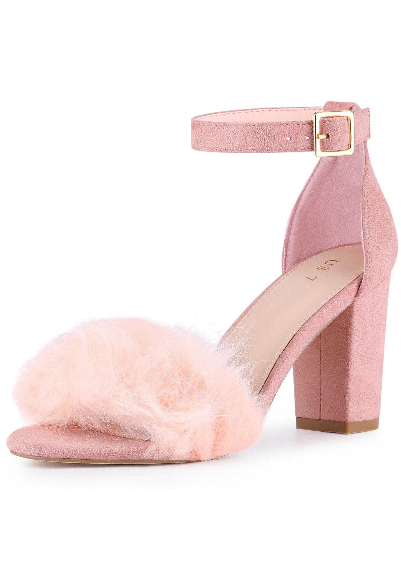 Fluffy Feather Ankle Strap Block Heel Sandal, Light Pink / Pink, alternate image number 1