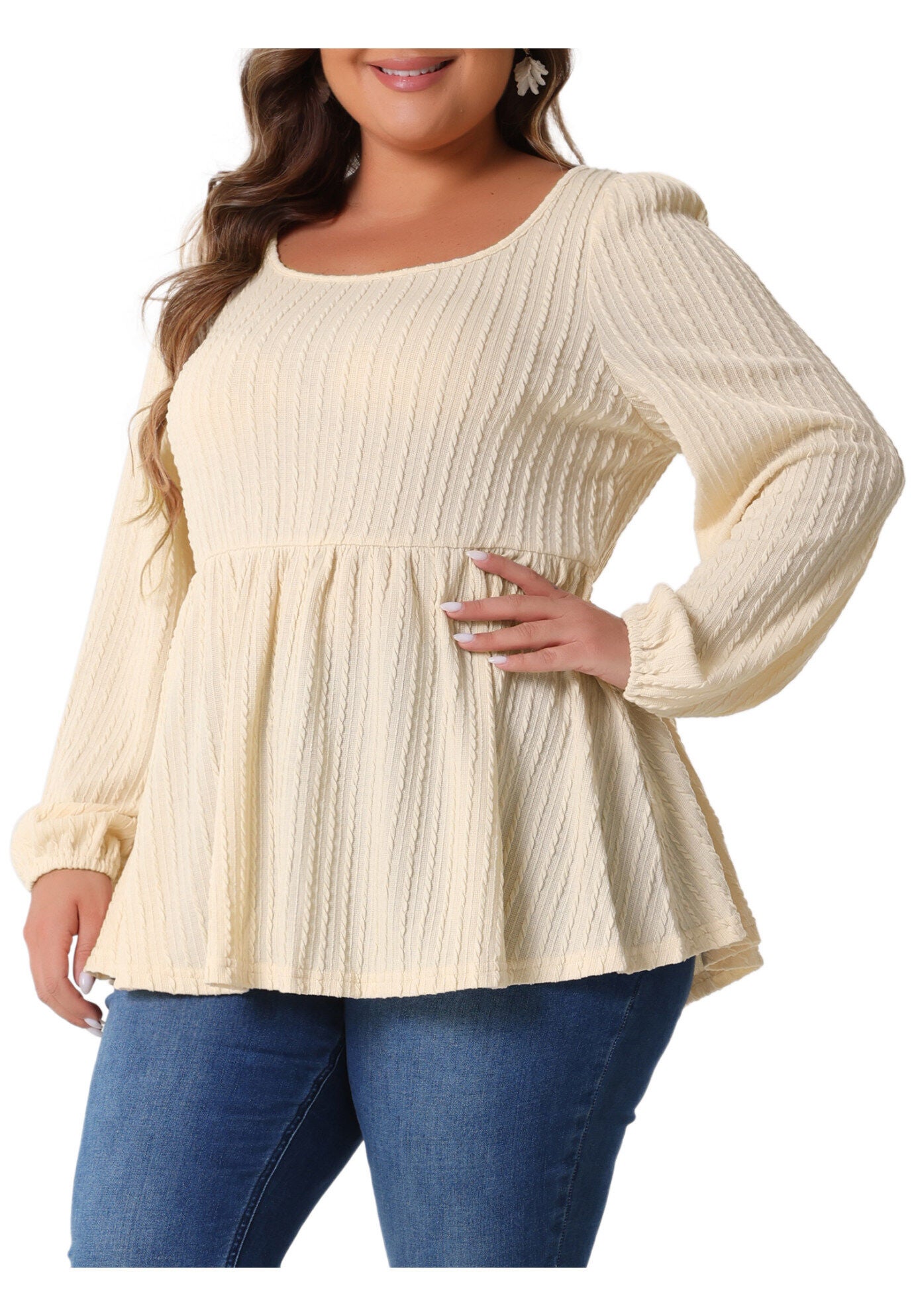 Scoop Neck Long Sleeve Ruffle Hem Peplum Knit Blouse, Beige / Beige, alternate image number 1