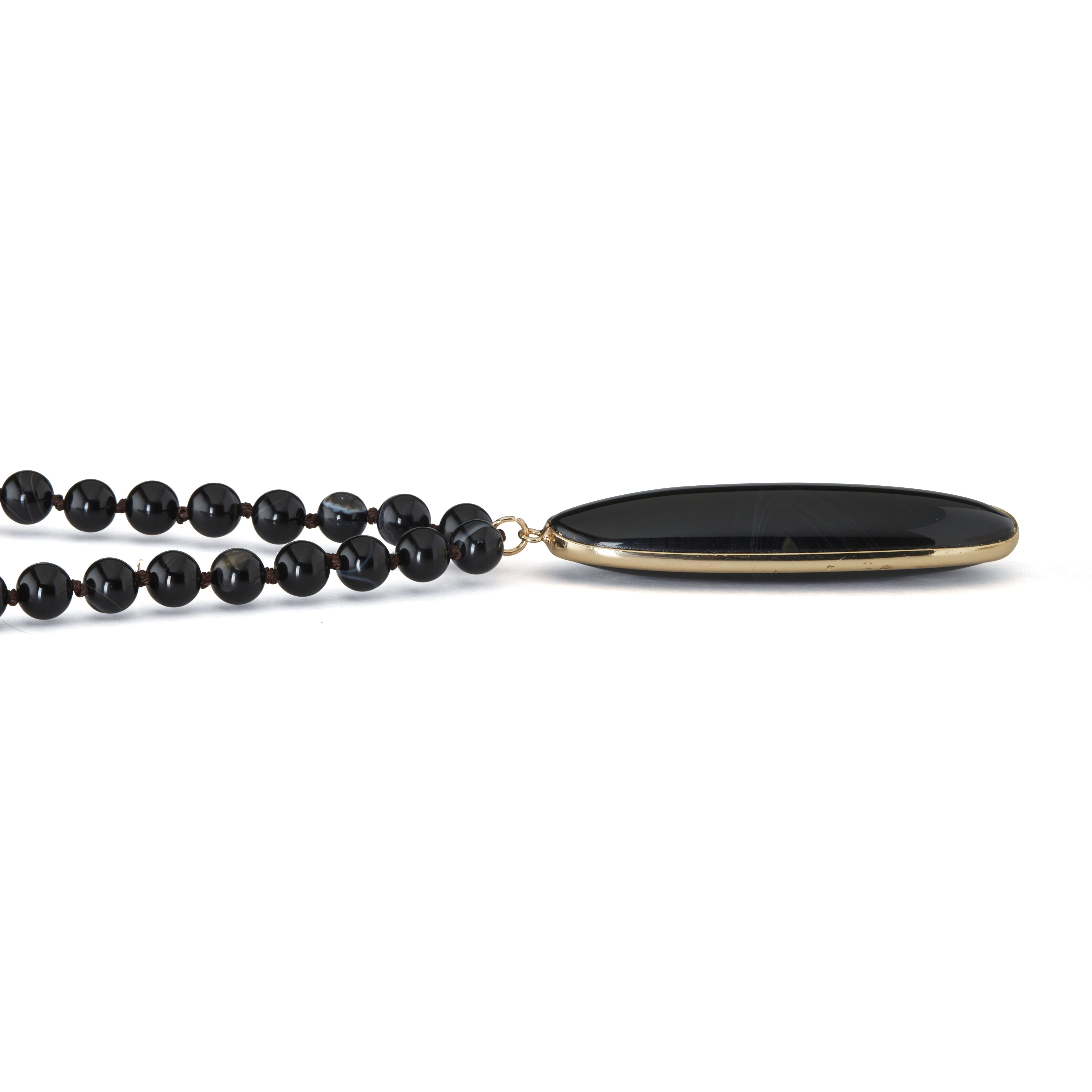 Genuine Black Agate Goldtone Bezel Set Oval Cabochon Beaded Necklace 34 Inch, , alternate image number 5
