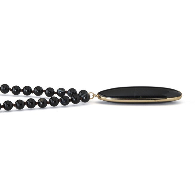 Genuine Black Agate Goldtone Bezel Set Oval Cabochon Beaded Necklace 34 Inch, , alternate image number 5