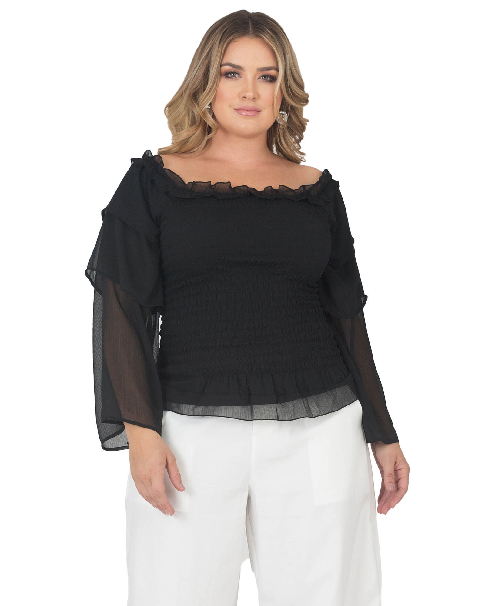 Plus Size Jessa Smocked Tierd Sleeve Top, Black / Black, hi-res image number 0