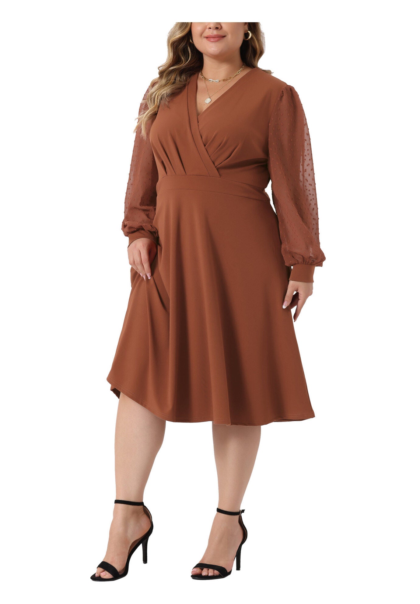 Long Sleeve Swiss Dots Formal Knee Length Dress, Caramel / Brown, alternate image number 1
