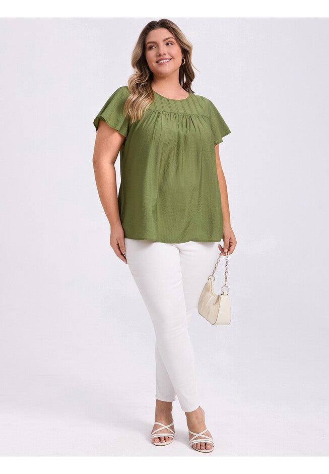 Summer Blouse Texture Ruffle Short Sleeve Toothpick Pleated Top, Olive Green / Olive Green, alternate image number 1