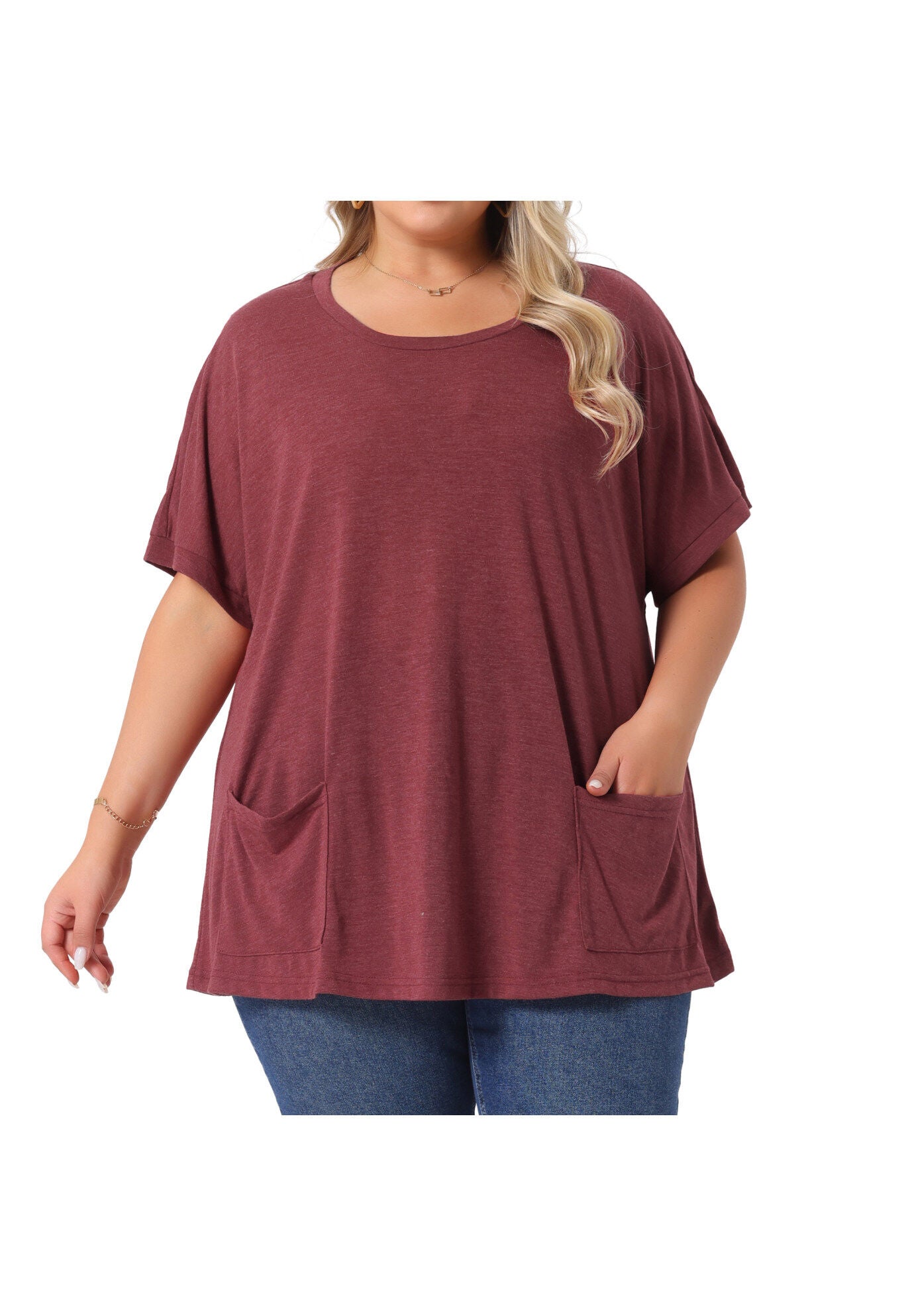 Short Sleeve Top Loose Fit Summer T-Shirt with Pocket, Burgundy / Burgundy, alternate image number 2