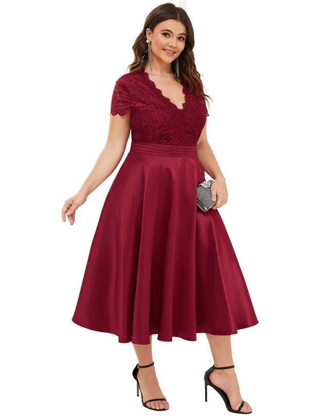 Lace Cap Sleeve V neck Cocktail Dress, Burgundy / Burgundy, alternate image number null
