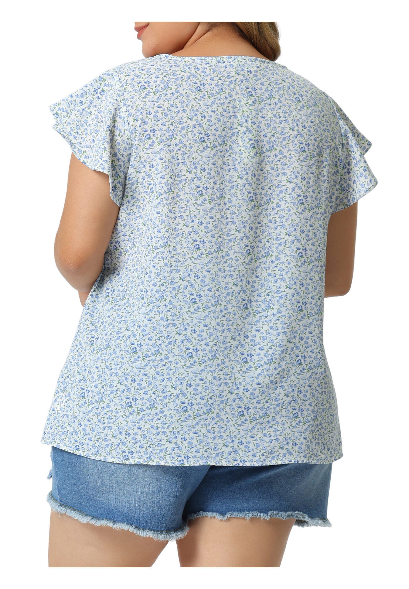 Summer Top Floral Round Neck Short Sleeves Ruffle Blouse, Blue Green / Azure Blue, alternate image number 3