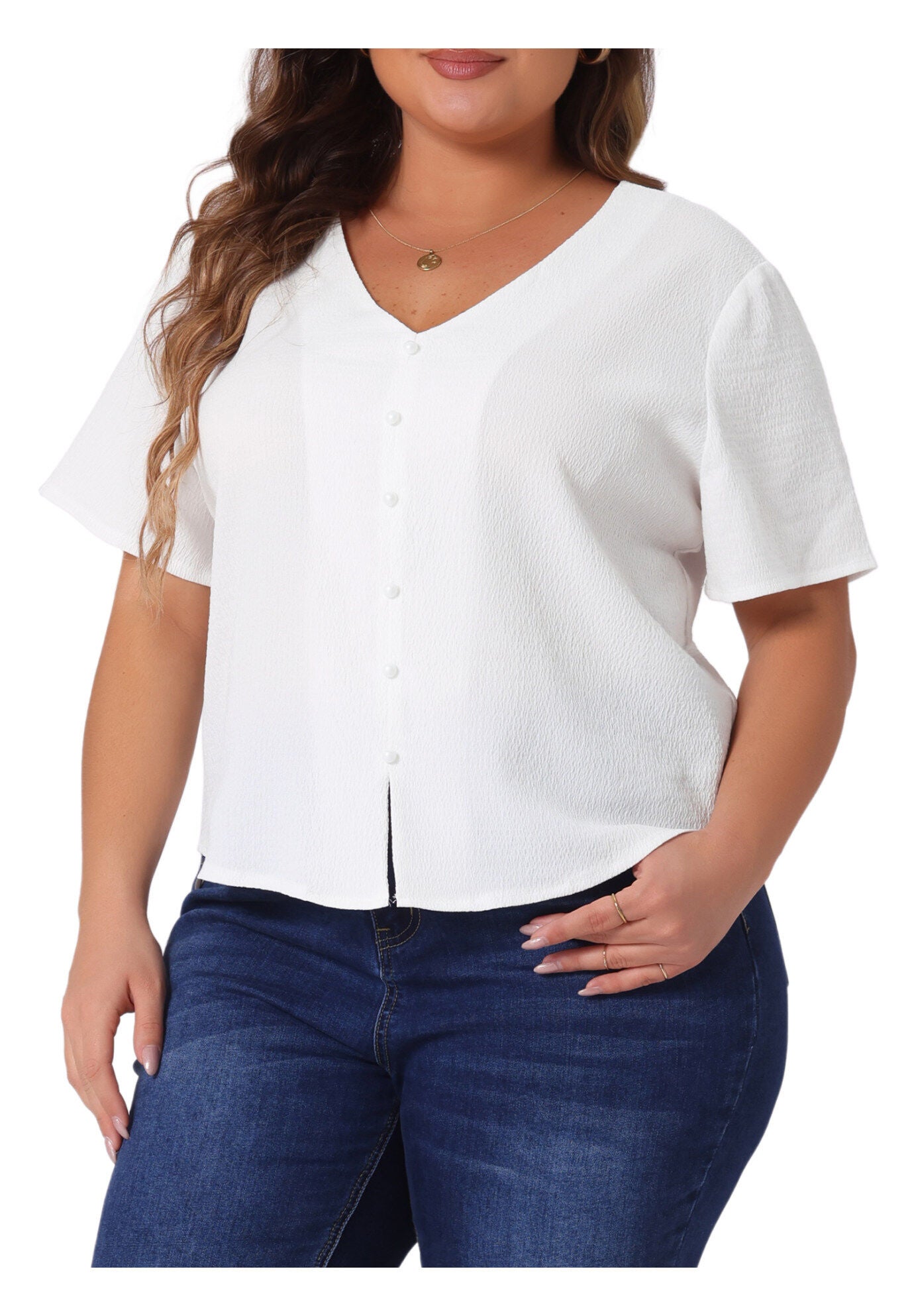 V Neck Short Sleeve Shirt with Split Hem, White / White, alternate image number 1