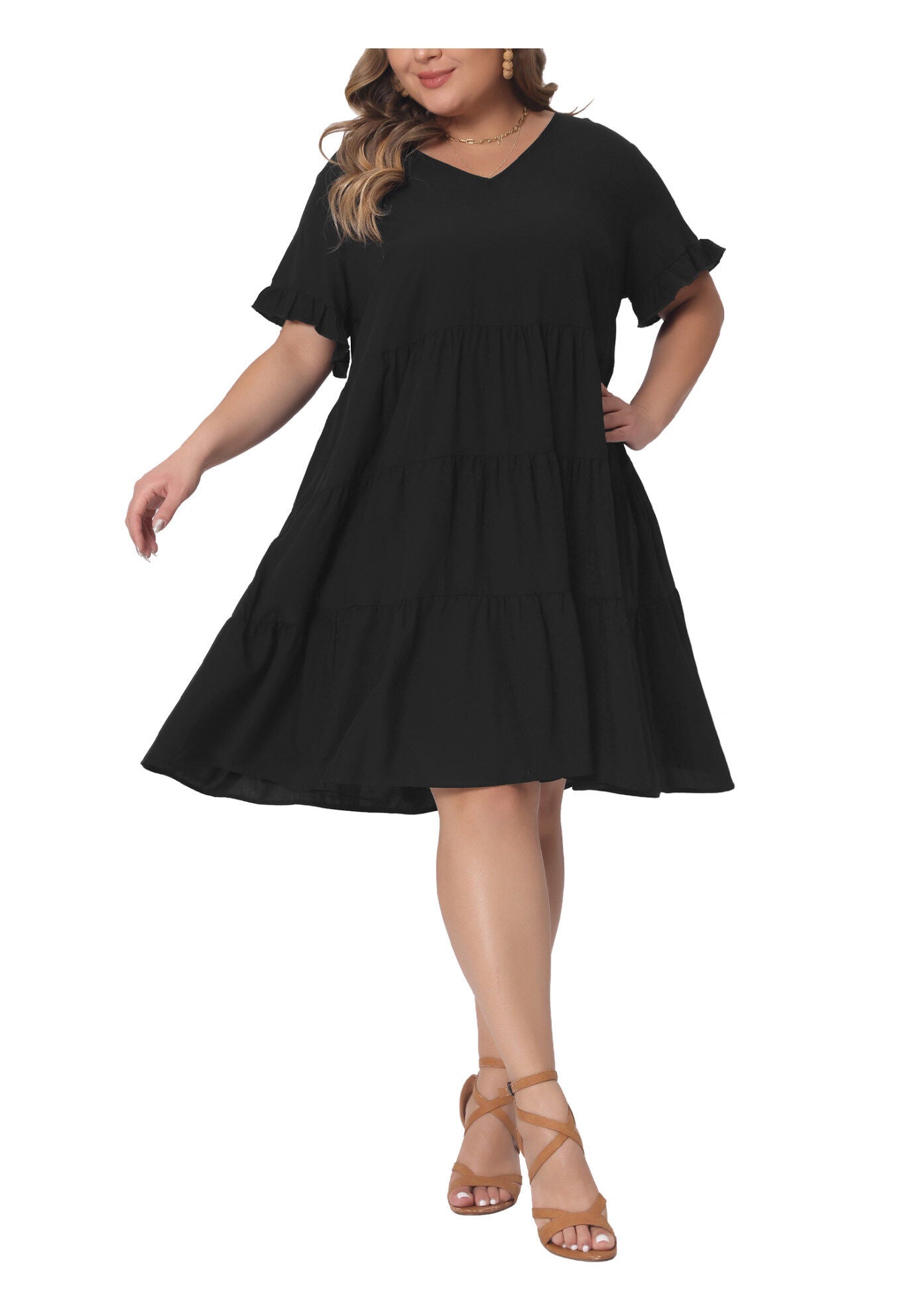 V Neck Ruffle Sleeve with Pockets Swing A Line Tiered Dress, Black / Black, alternate image number 3