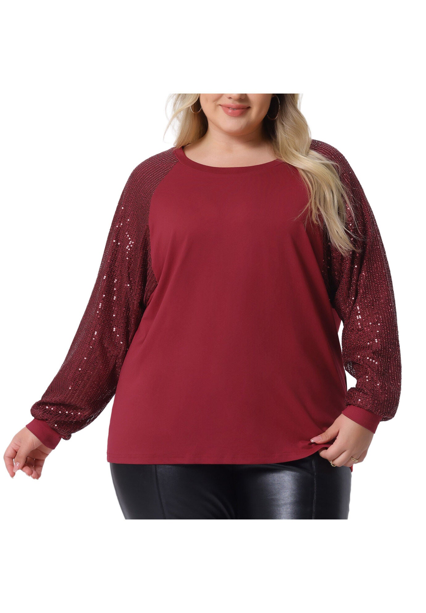 Long Sleeve Shimmer Glitter Sparkle Sequin Top, Burgundy / Burgundy, alternate image number 1