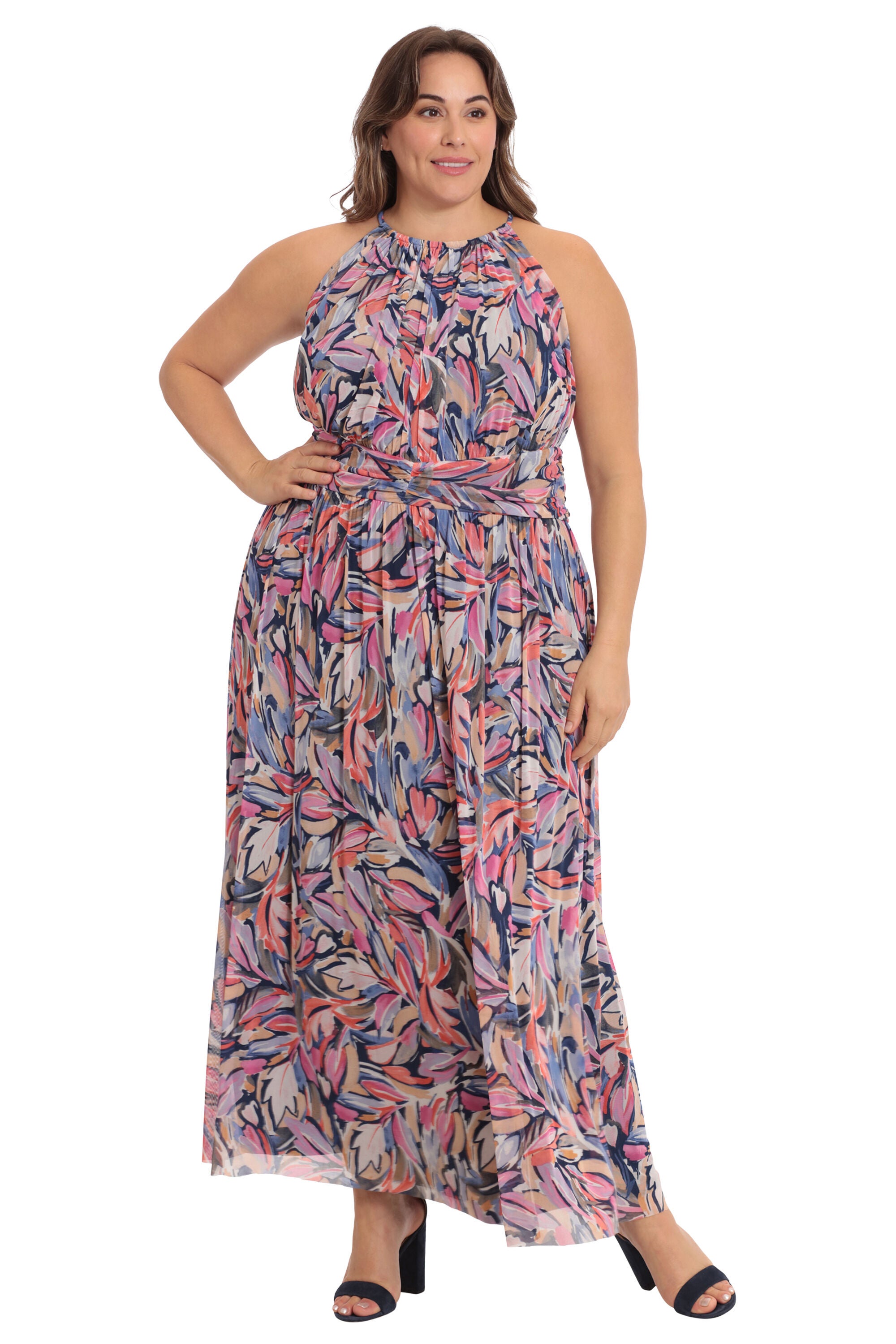 Painterly leafs halter maxi dress, NavyFusch / Navy, hi-res image number 0