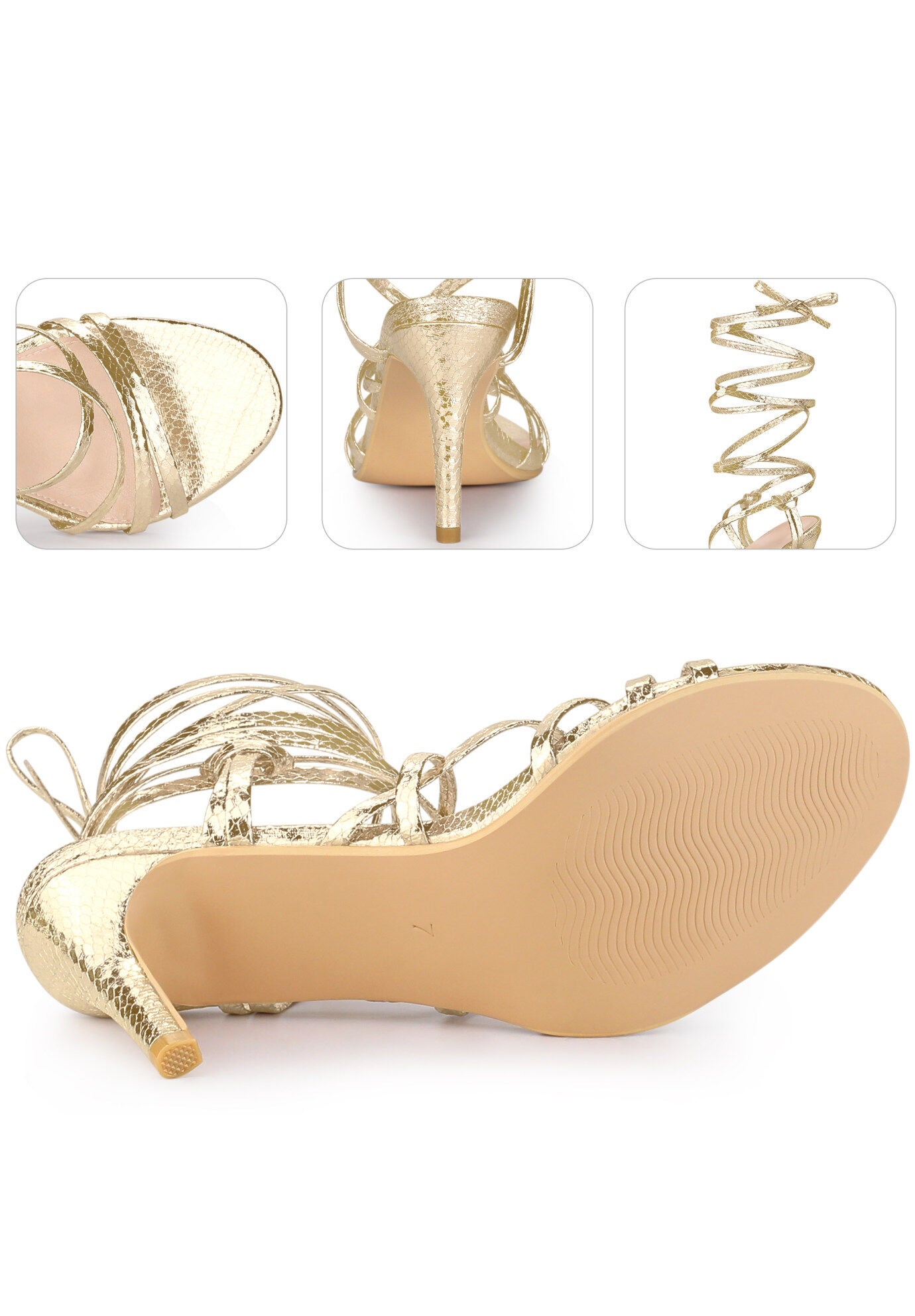 Snakeskin Strappy Lace Up Stiletto Heels Gladiator Sandals, Gold / Gold, alternate image number 3