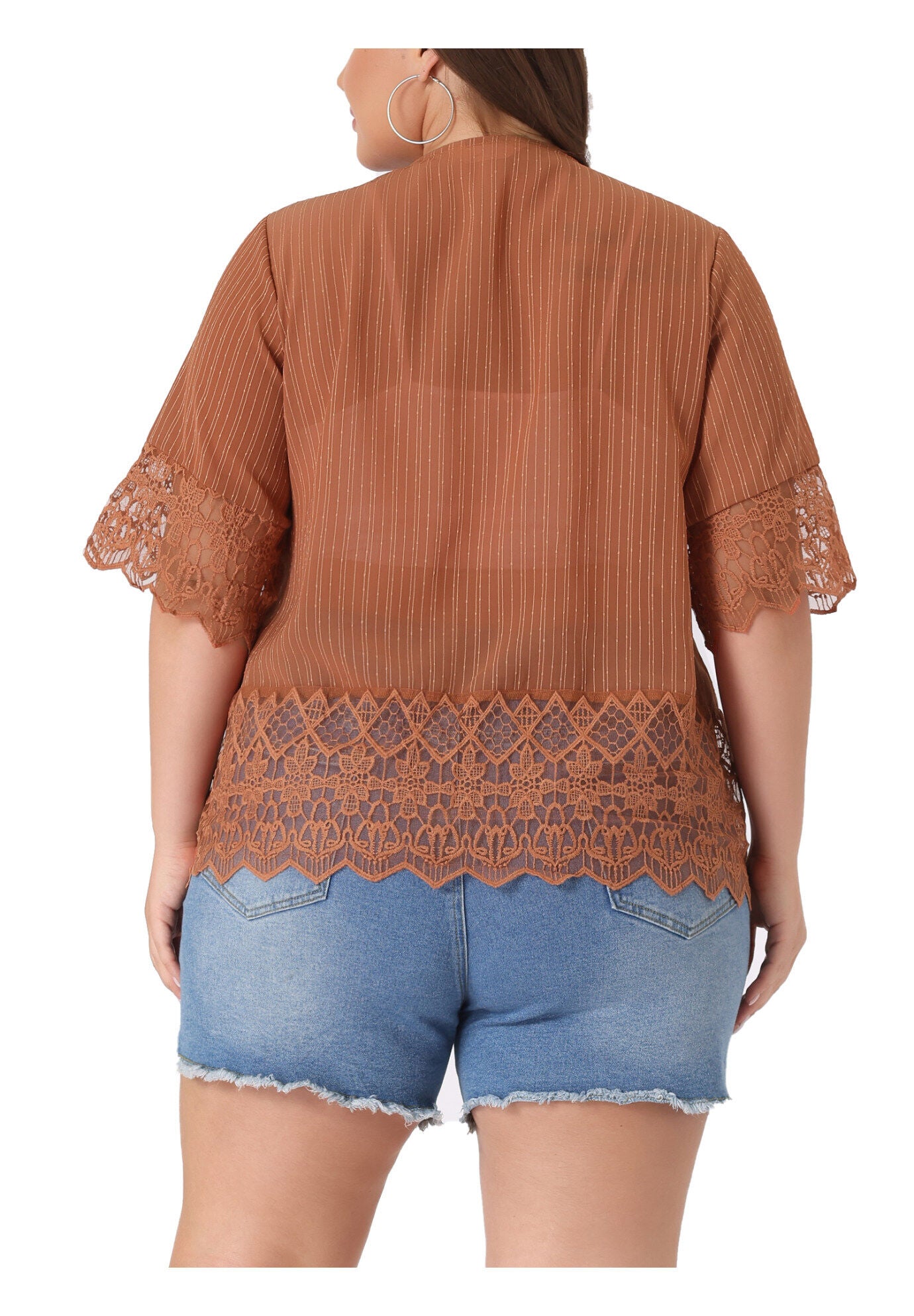 LACE SHRUG 1/2 SLEEVE BIKINI COVER KIMONO CARDIGAN, Orange Brown / Burnt Orange, alternate image number 2