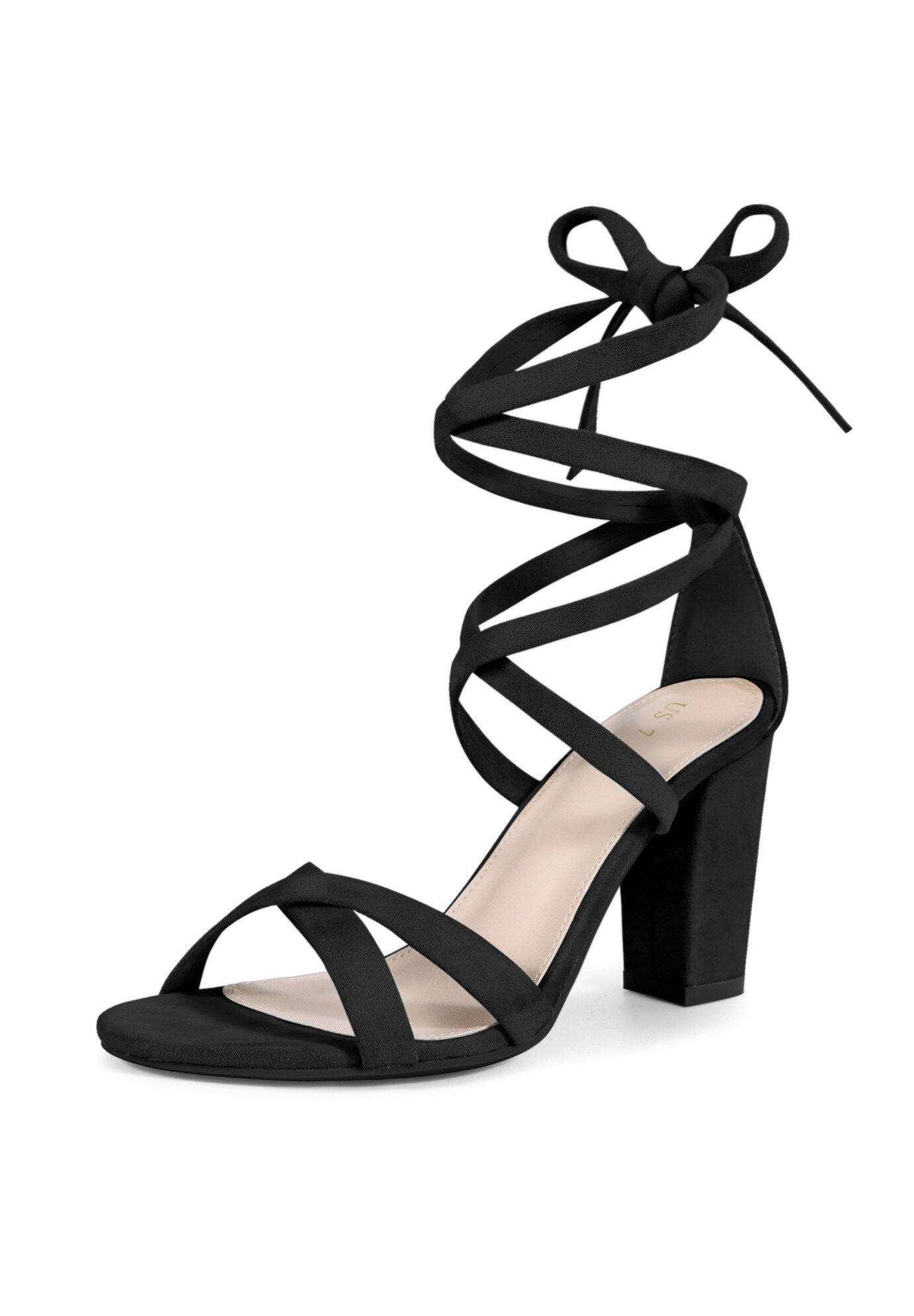 Strappy Lace Up Block Heel Sandals, Black / Black, alternate image number 1