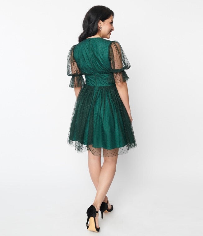 Unique Vintage Emerald Clip Dot Shirred Babydoll Dress, , alternate image number null