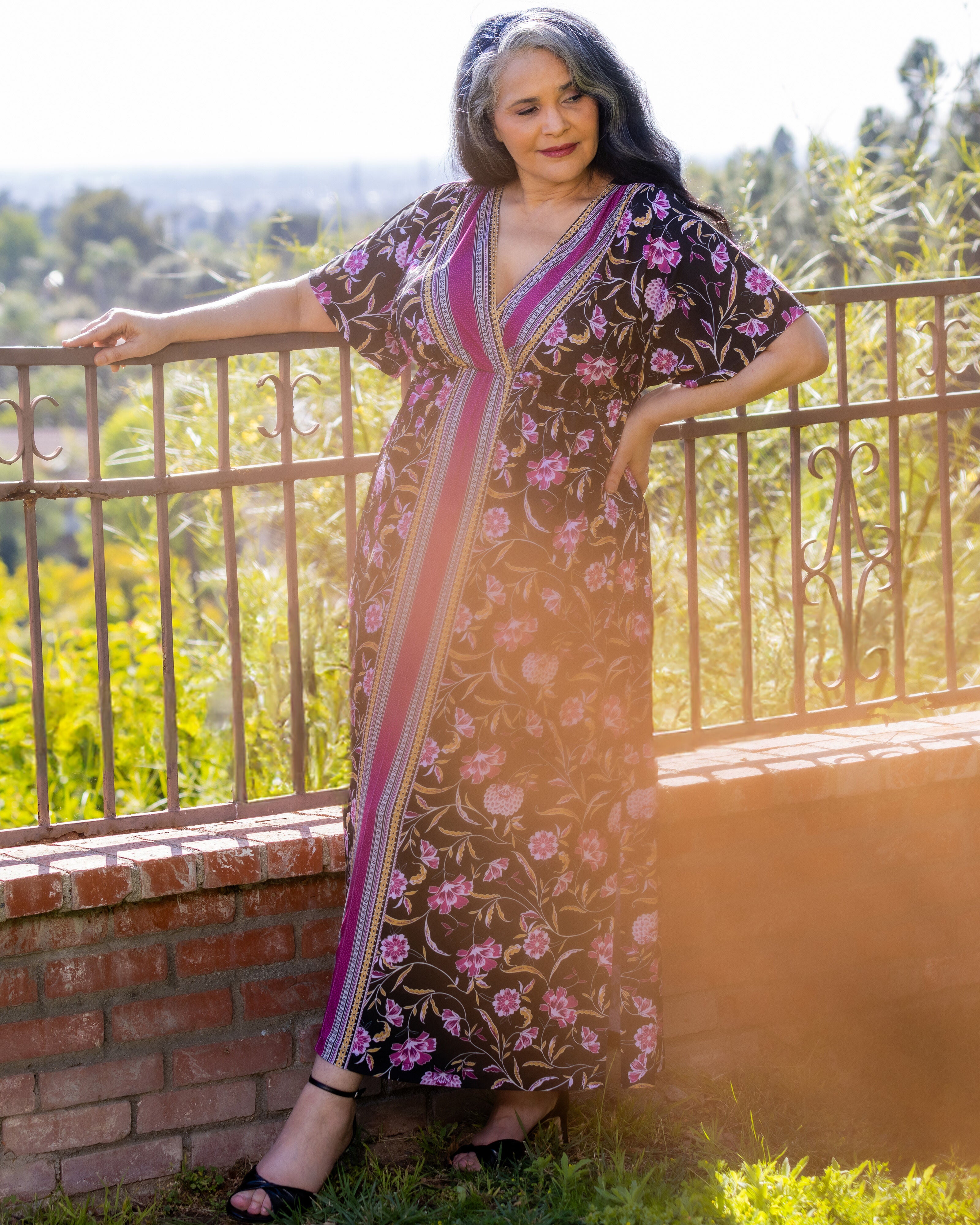 Wanderlust Border Print Maxi Dress, Mauve Border Print / Black, alternate image number 6
