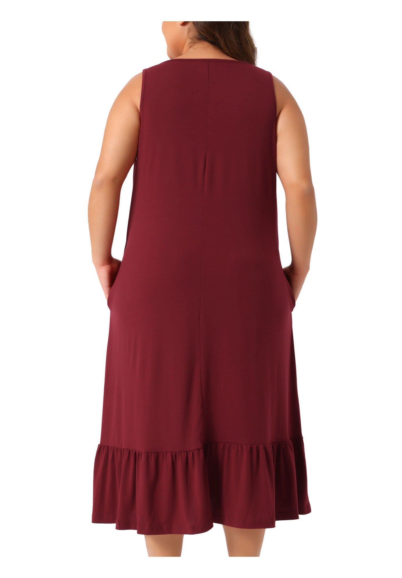 Tank Sleeveless Wide Strap Chemise Pleated Nightdress with Pockets, Wine Red / Burgundy, alternate image number 3