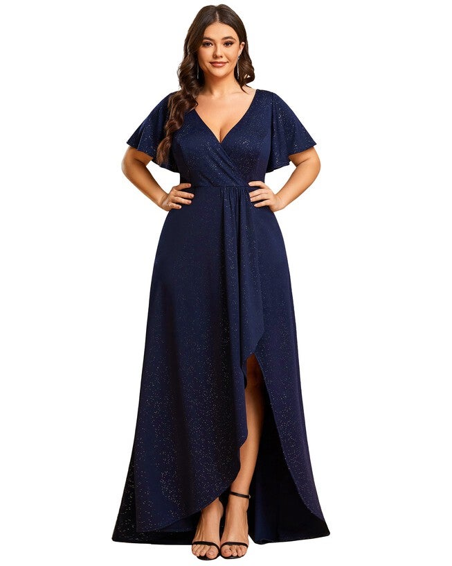Glitter High-Low Front Side Slit Ruffled V-Neck Evening Dress, Navy Blue / Royal Blue, hi-res image number 0