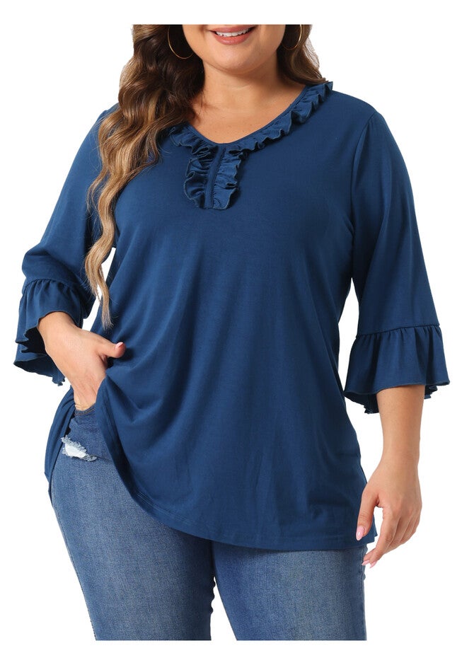 Ruffle Blouse 3/4 Sleeve V Neck Tunic Top, Blue / Navy, alternate image number 1