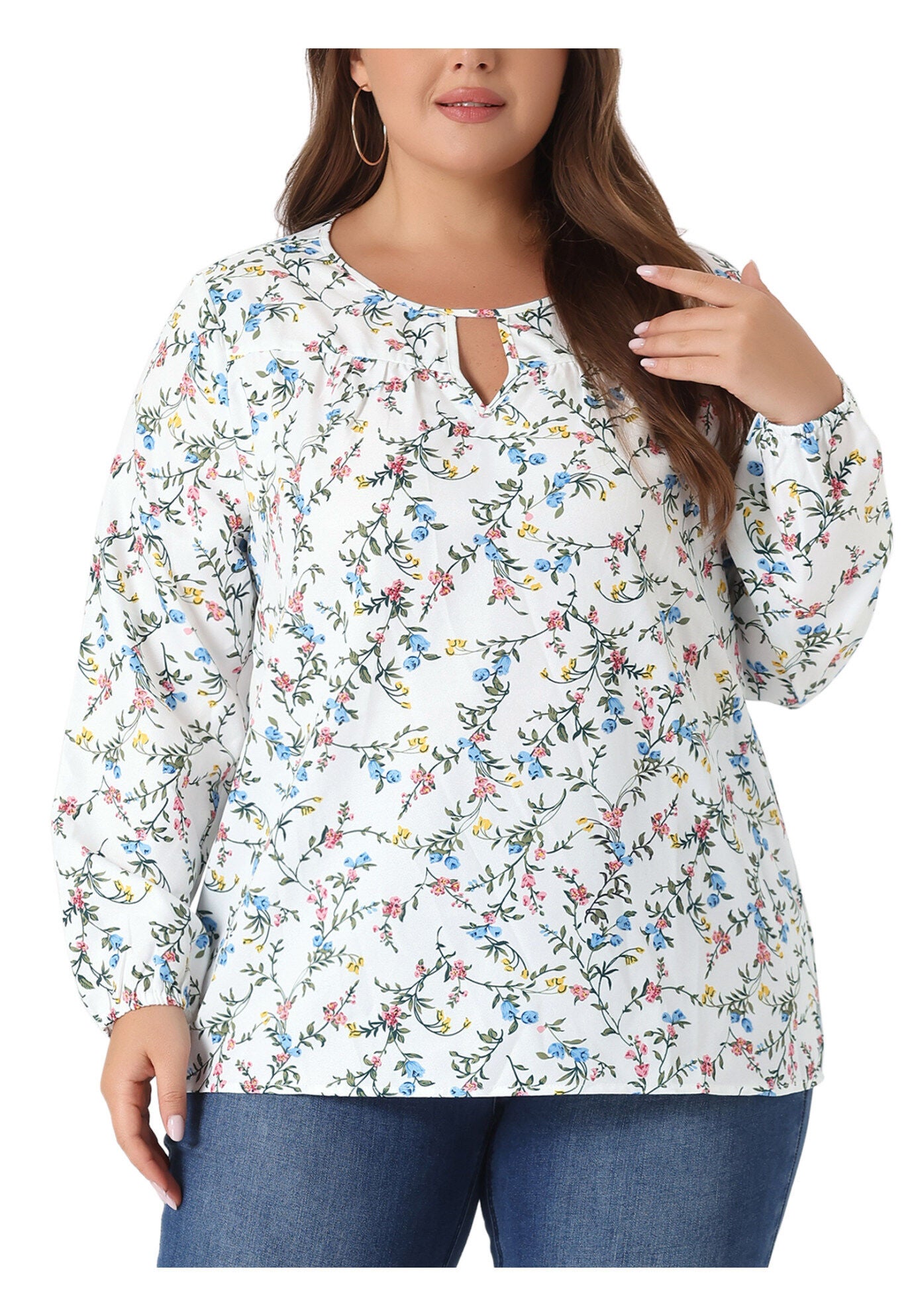 Chiffon Long Sleeve Keyhole Blouse Floral Top, White / White, alternate image number 1