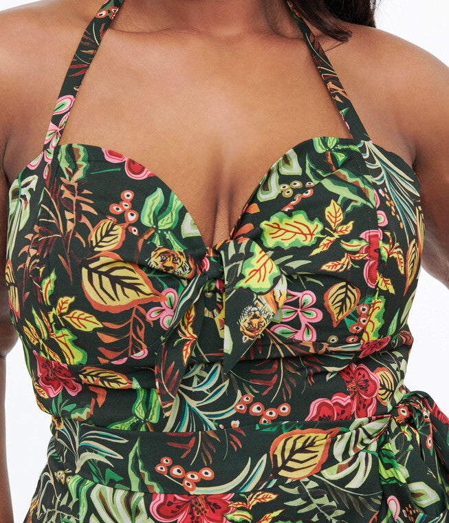 Unique Vintage Green Jungle Cat Print Leilani Sarong Dress, Green with Orange Jungle Cat Print / Forest Green, alternate image number 1