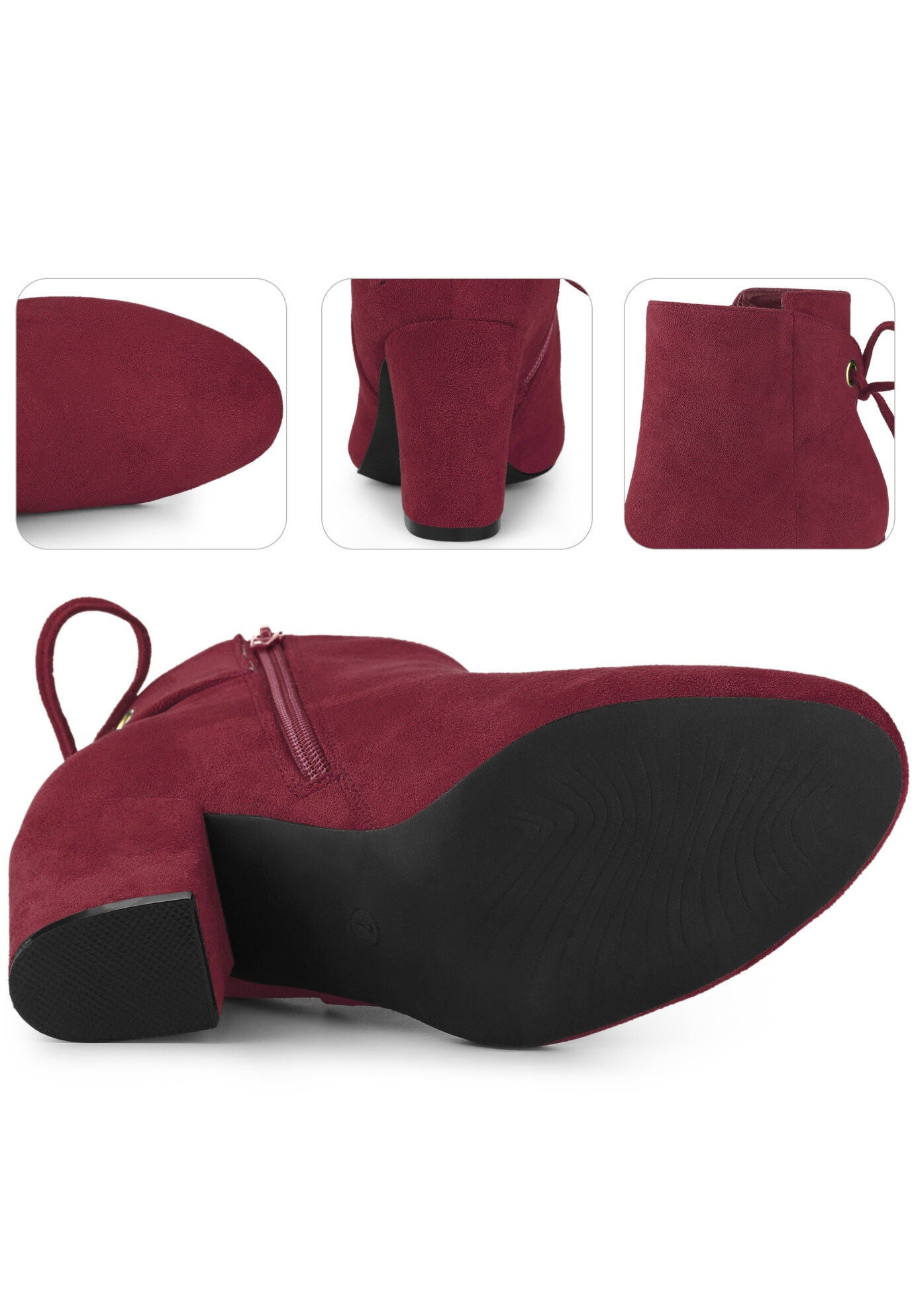 Round Toe Lace Up Back Chunky High Heels Ankle Boots, Burgundy / Burgundy, alternate image number 1