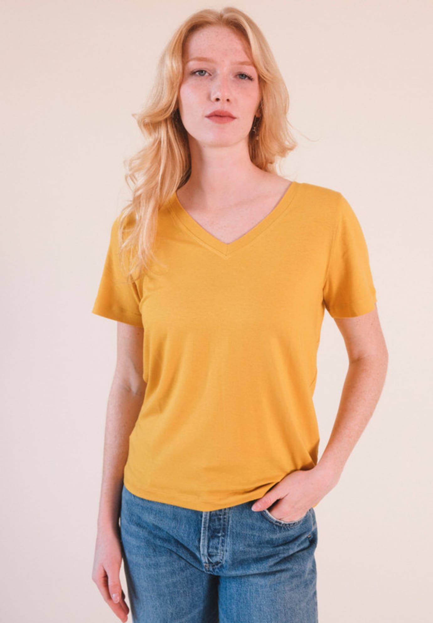 Plus Louise Organic Cotton + Tencel  V-neck Tee, Golden / Gold, hi-res image number 0