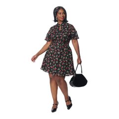 Unique Vintage Black & Red Rose Capulet Fit & Flare Dress
