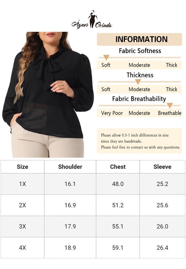 Sheer Chiffon Bow Tie Neck Long Sleeve See Through Mesh Shirt, Black / Black, alternate image number 4