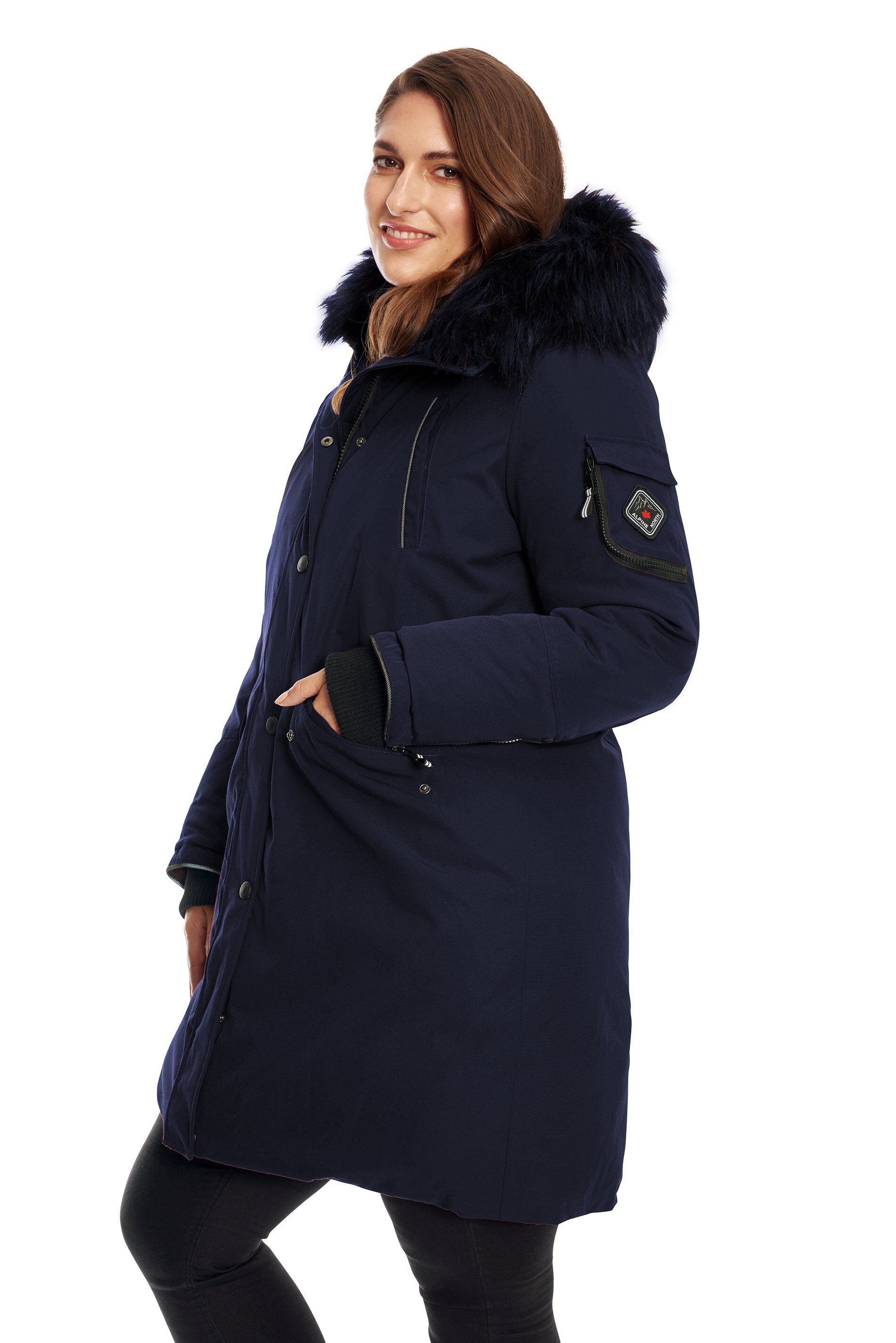 LAURENTIAN | Vegan Down Recycled Long Parka Winter With Faux Fur Hood, Navy / Navy, alternate image number 3