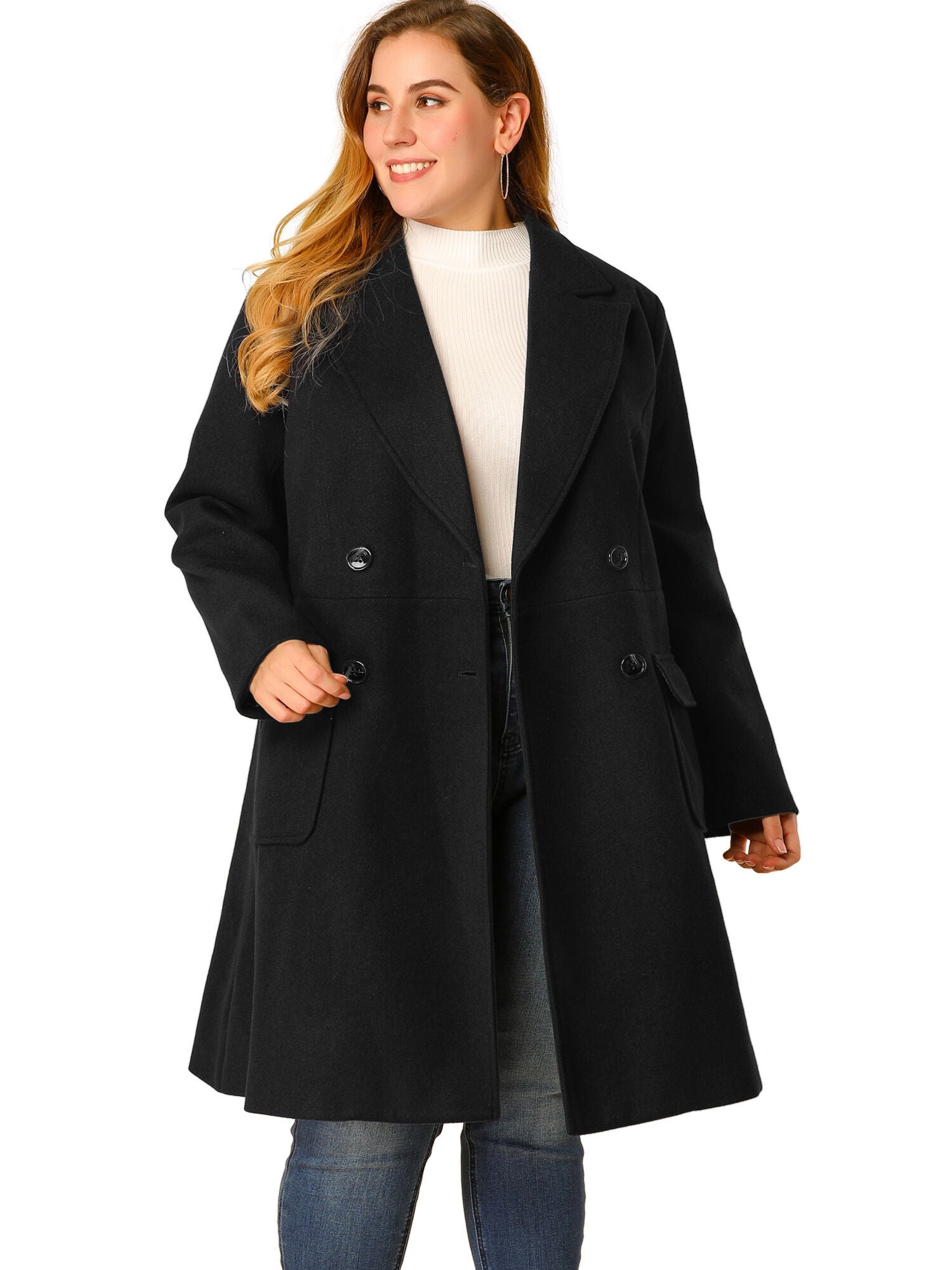 NOTCH LAPEL DOUBLE BREASTED PEA TRENCH COAT, Black / Black, alternate image number 4