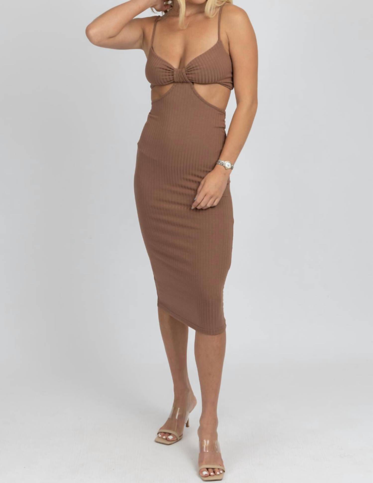 CUTOUT RIBBED MIDI DRESS IN MOCHA, Mocha / Brown, alternate image number 2